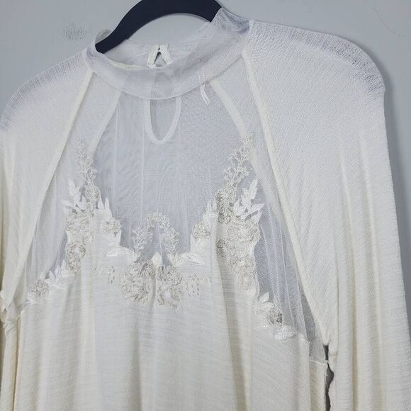 Free People Womens Saheli Tunic Top Cream Small Embroidered Mesh Boho Prairie - Picture 4 of 12